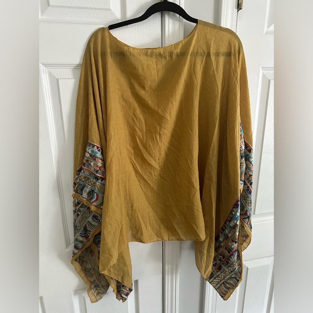 Three Bird Nest Fallen Embroidered Sleeve Cold-Shoulder Poncho Mustard - Picture 2 of 3